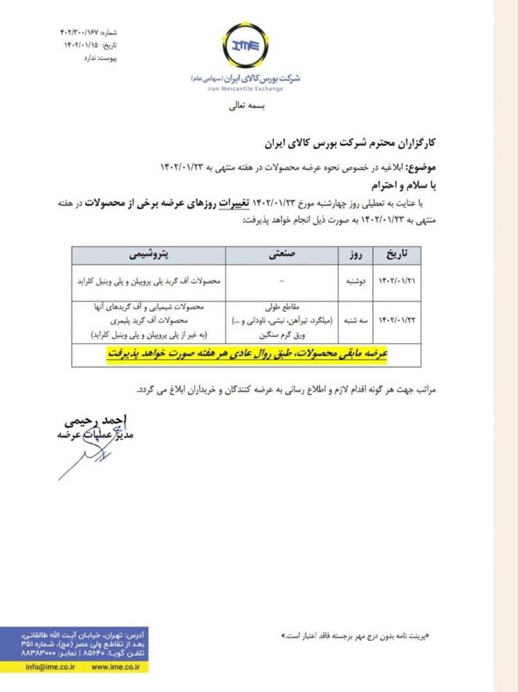 نحوه عرضه محصولات در هفته منتهی به ۱۴۰۲/۰۱/۲۳ ابلاغ شد