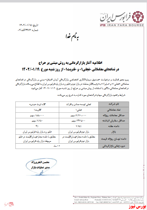 ادامه فعالیت "تجلی" در بازار دوم بورس از ۱۹ فرودین ۱۴۰۲+ نامه