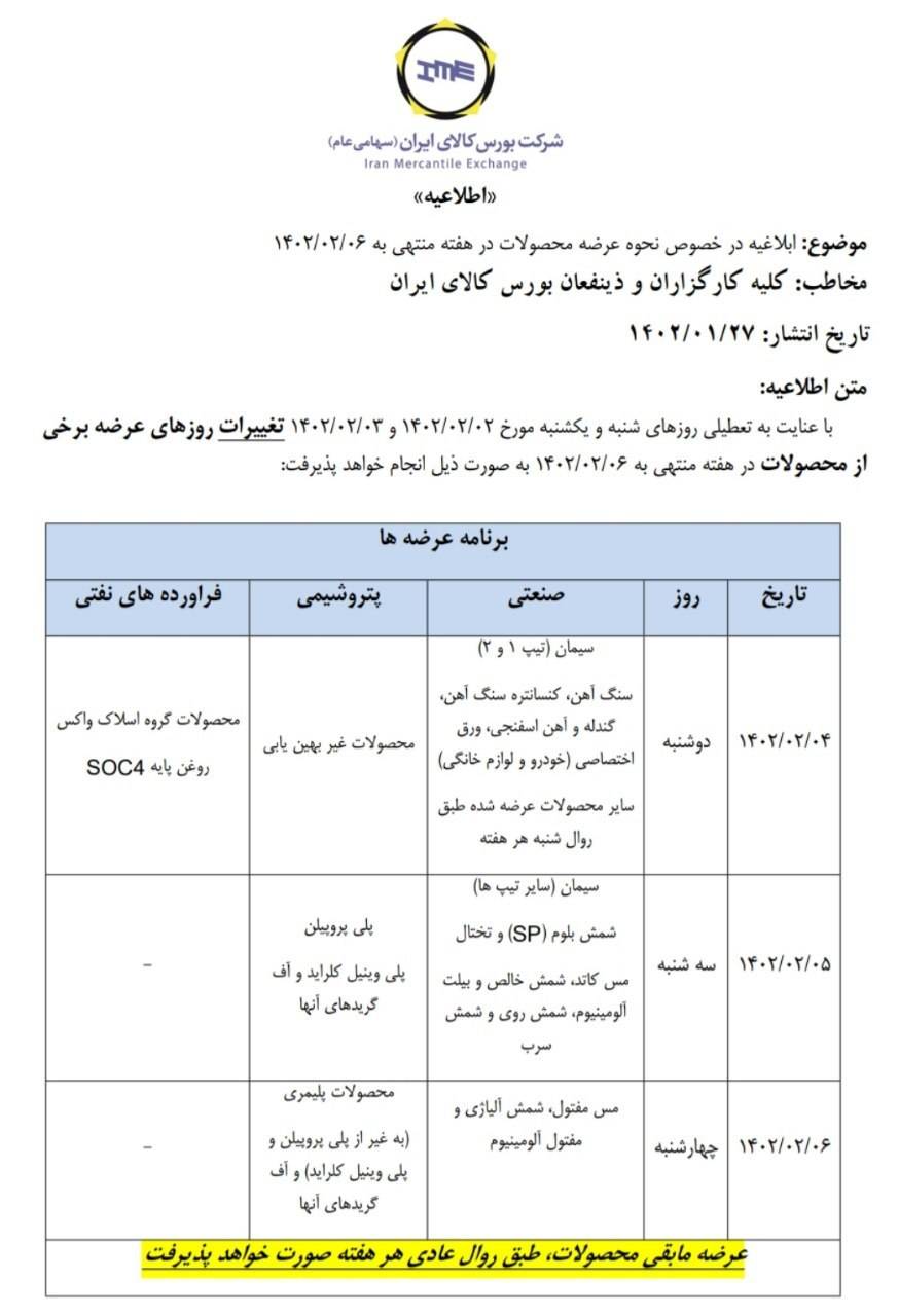 ابلاغیه تغییر روزهای عرضه برخی محصولات فولادی منتشر شد +نامه
