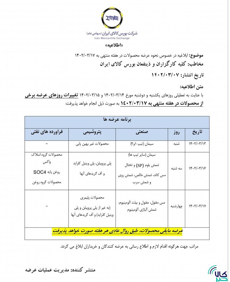 تعطیلات هفته آینده، زمان بندی عرضه بورس کالا را تغییر داد