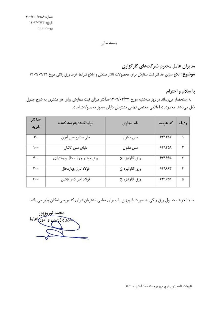 ابلاغیه شرایط جدید خرید ورق رنگی صادر شد+نامه