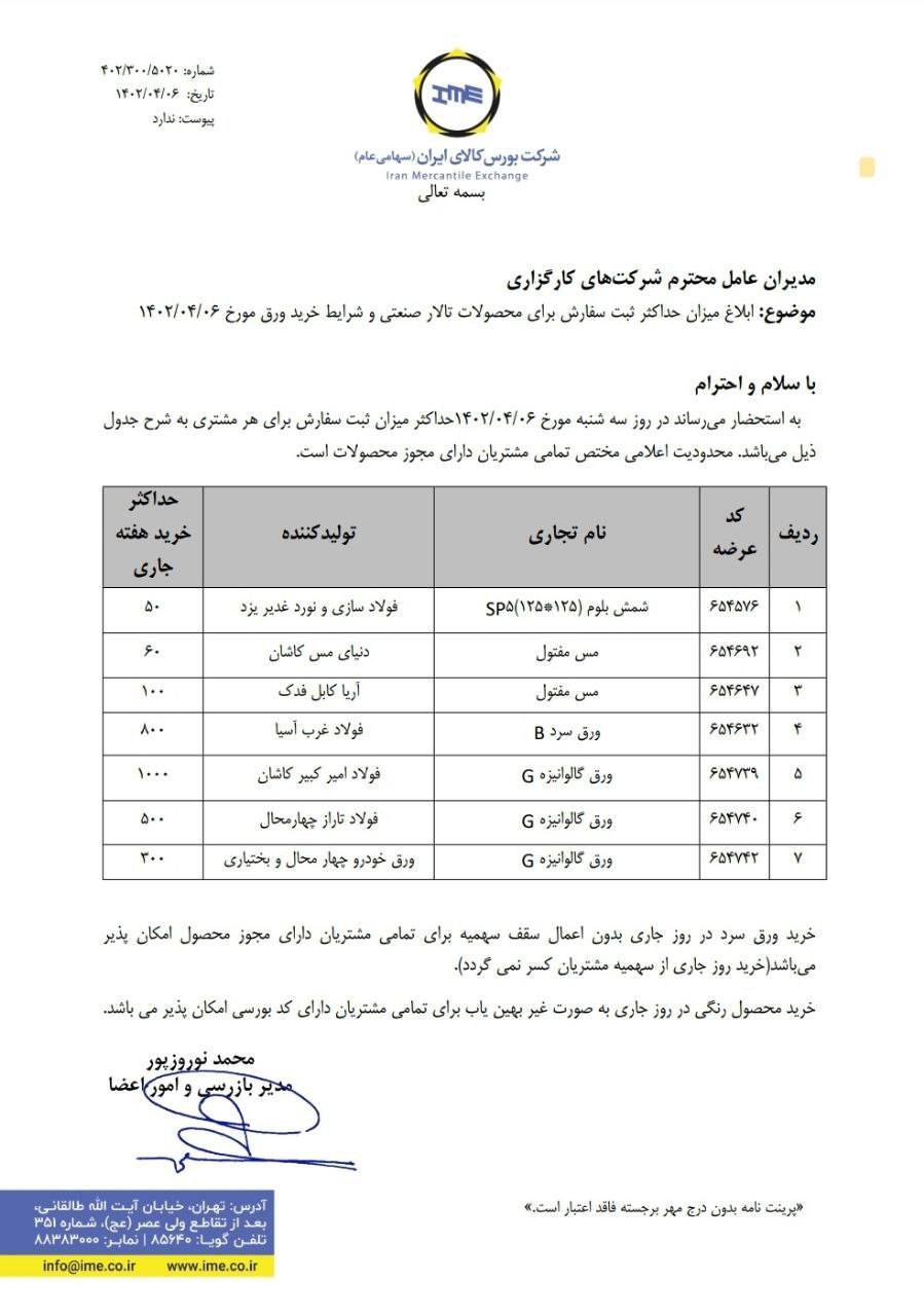 ابلاغیه شرایط خرید ورق گالوانیزه در عرضه‌های امروز ششم تیر + نامه