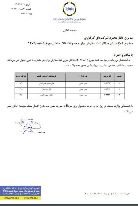 میزان حداکثر ثبت سفارش ورق سرد B منتشر شد