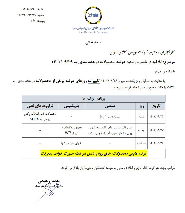 اعلام زمانبندی جدید عرضه محصولات در تالار صنعتی
