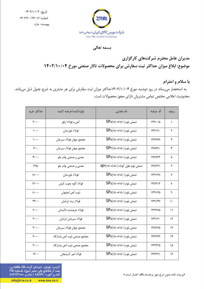 ابلاغیه بورس کالا برای حداکثر میزان خرید شمش و ورق سرد B