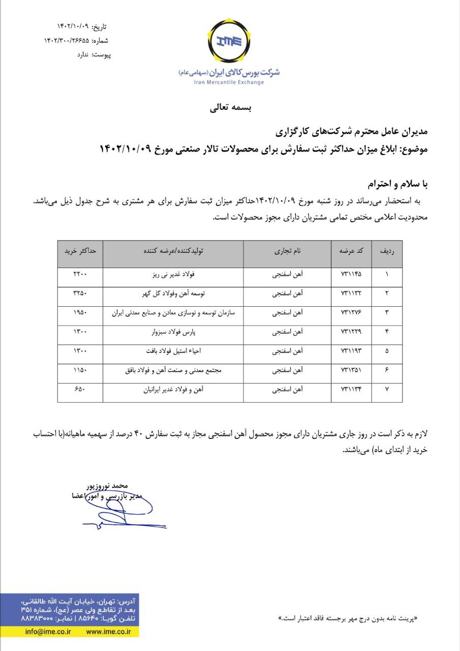 ایلاغیه بورس کالا برای خرید آهن اسفنجی در روز جاری
