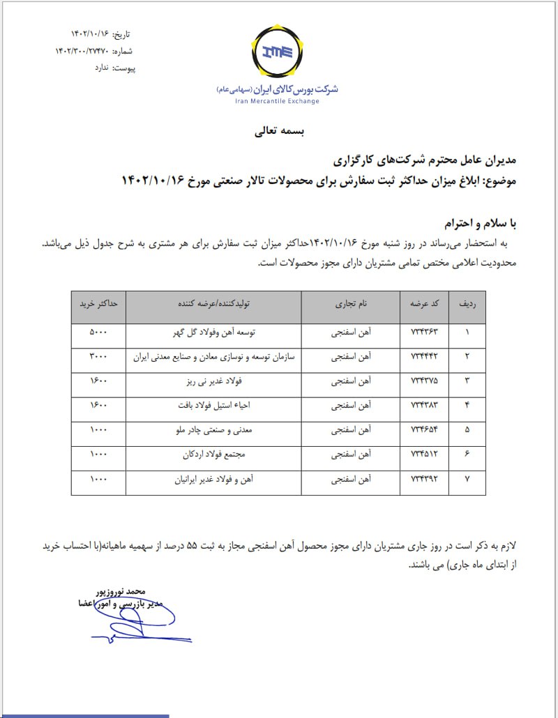 ابلاغیه بورس کالا جهت حداکثر خرید آهن اسفنجی در تالار صنعتی