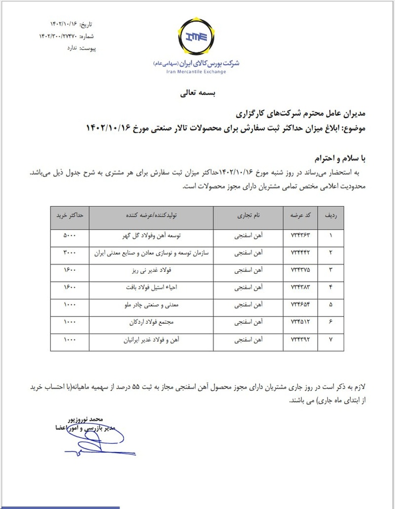 ابلاغیه بورس کالا جهت حداکثر خرید آهن اسفنجی در تالار صنعتی