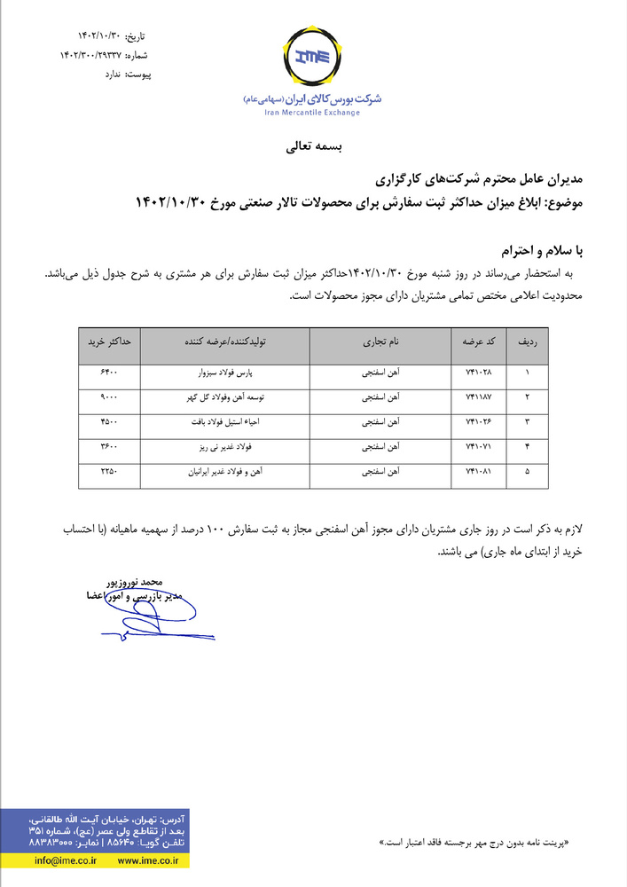 ابلاغیه بورس کالا برای سقف مجاز خرید آهن اسفنجی در معاملات روز جاری