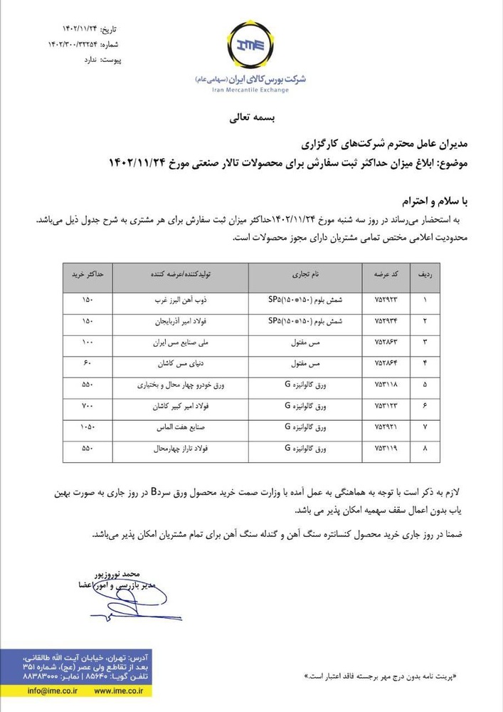 ابلاغیه بورس کالا| سقف خرید شمش، ورق گالوانیزه و سرد در معاملات روز جاری