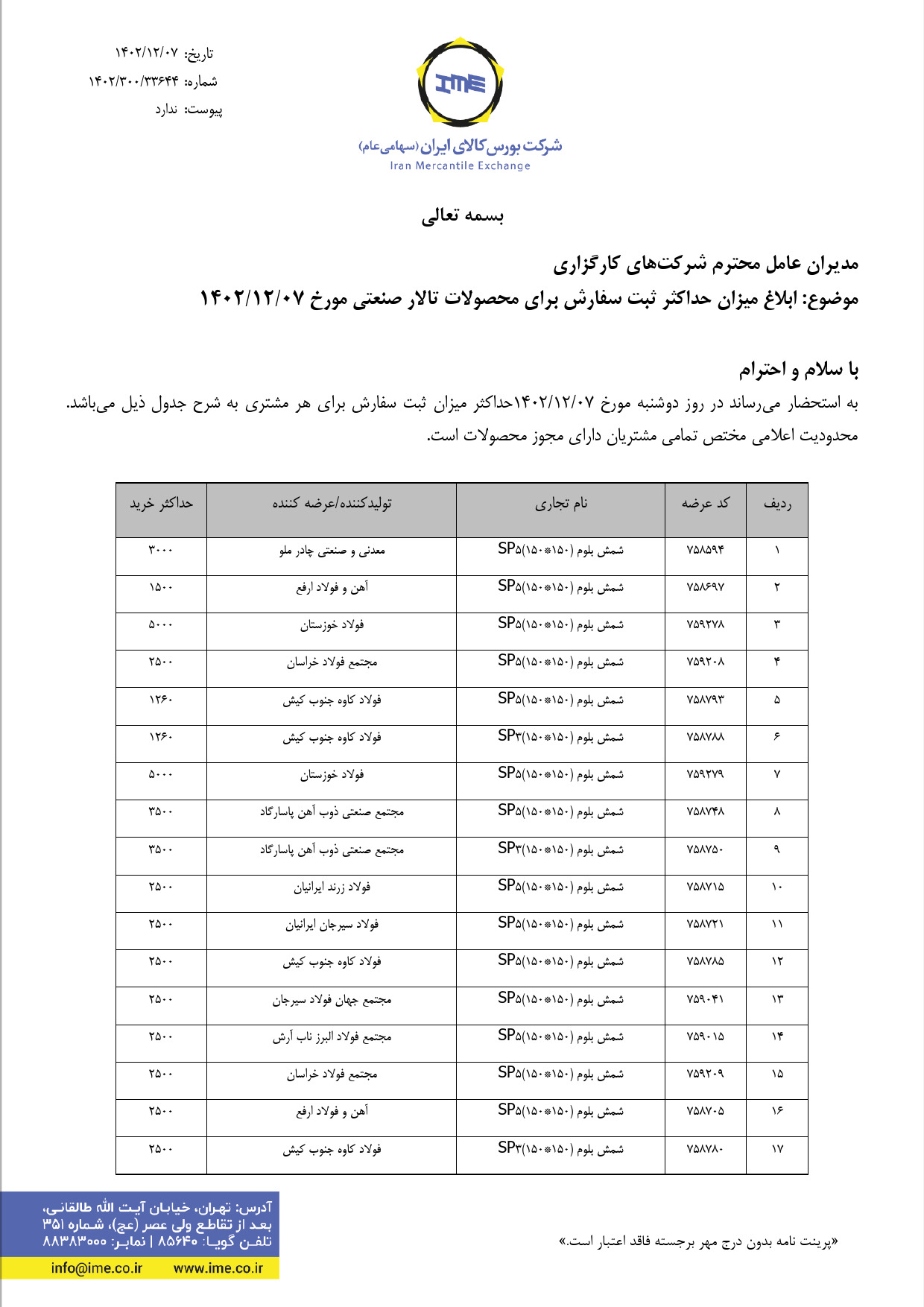 ابلاغیه بورس کالا| تعیین سقف سفارش شمش، ورق سرد B و قلع اندود