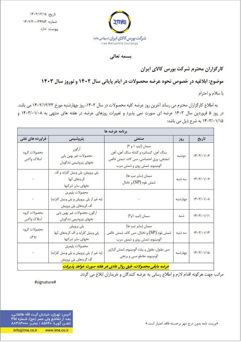ابلاغیه بورس کالا| نحوه عرضه محصولات در روزهای پایانی سال ۱۴۰۲ و ابتدای سال ۱۴۰۳