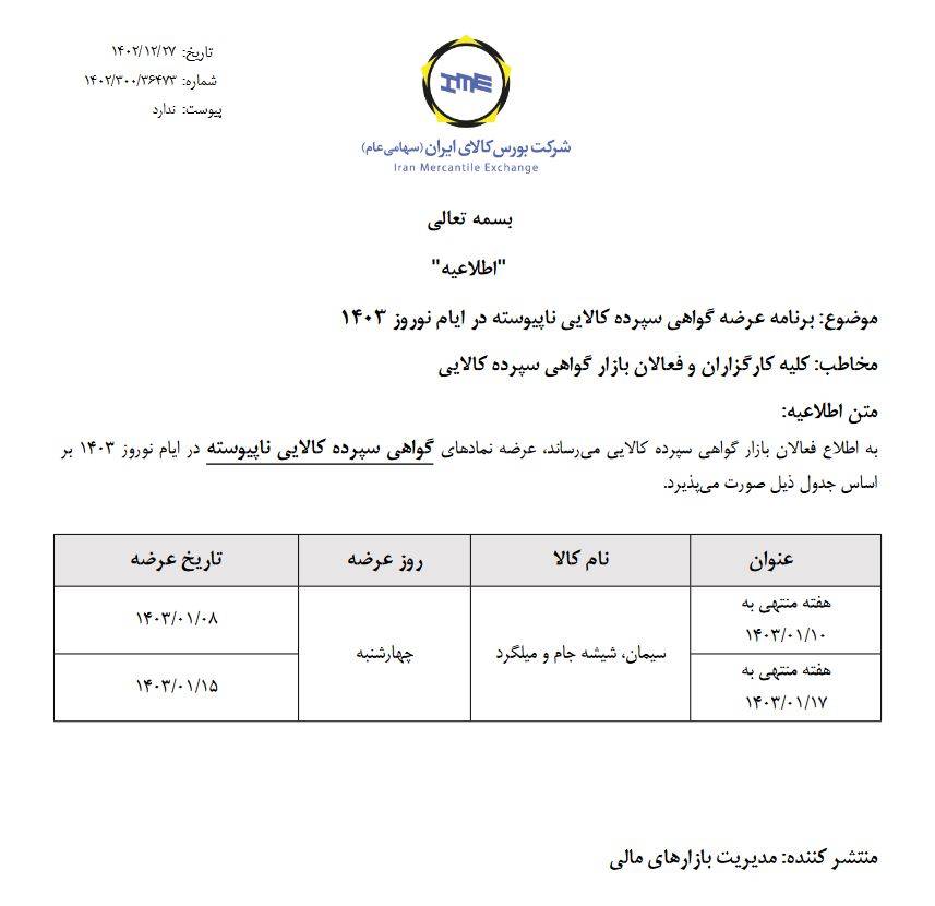 برنامه عرضه گواهی سپرده ناپیوسته میلگرد ابلاغ شد