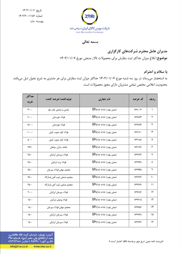 ابلاغیه بورس کالا| تعیین حداکثر خرید شمش فولادی در معاملات روز جاری