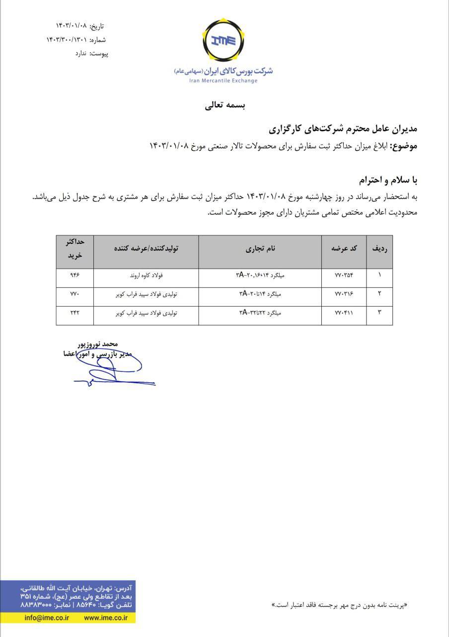 ابلاغیه بورس کالا| سقف خرید میلگرد در معاملات روز جاری