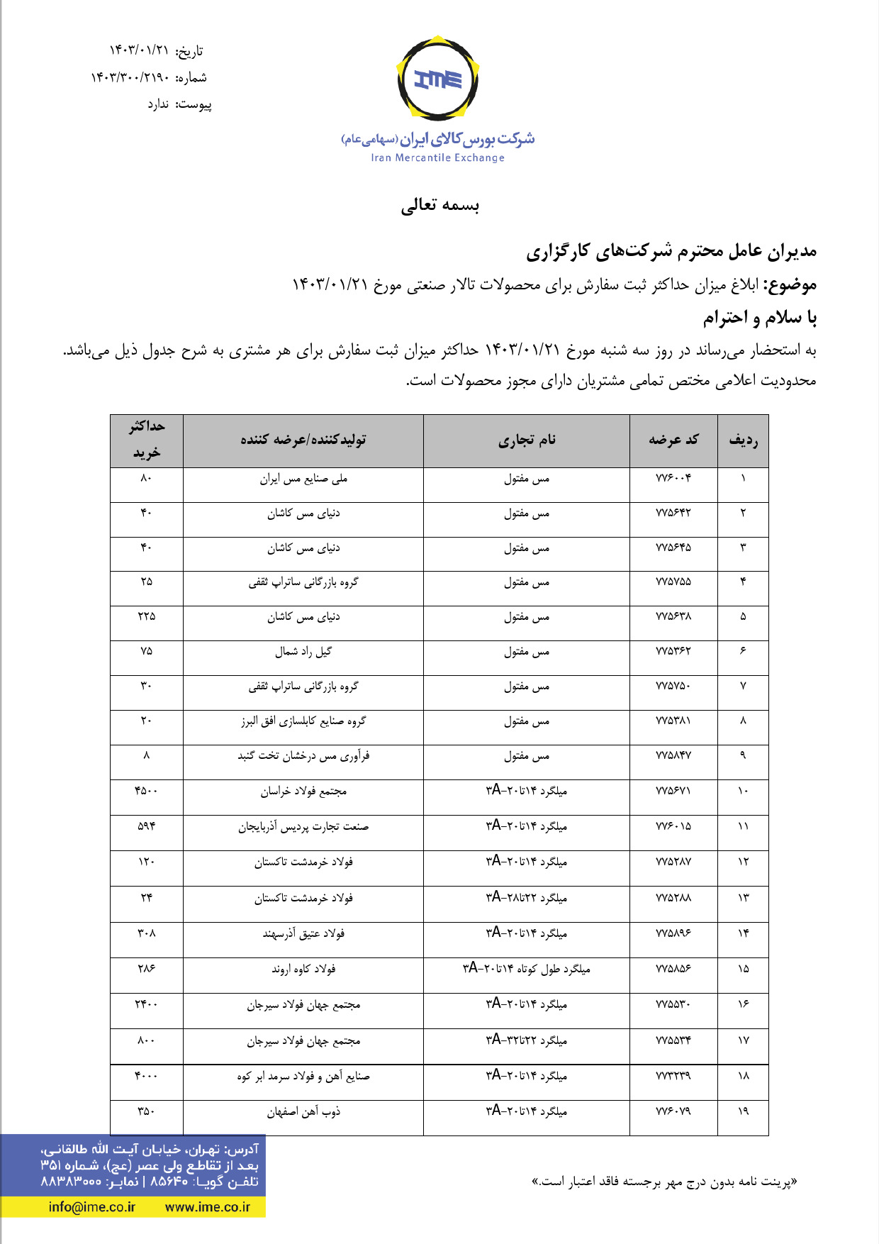 ابلاغیه بورس کالا| سقف خرید مجاز میلگرد در معاملات امروز (٢١ فروردین) مشخص شد
