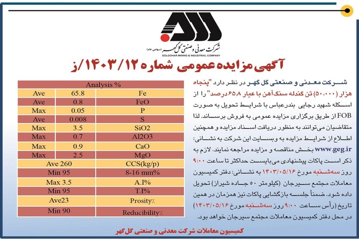 مزایده عمومی فروش ۵۰ هزار تن گندله سنگ آهن شرکت گل گهر