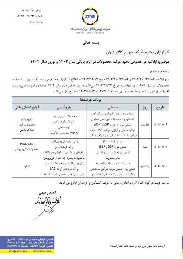 برنامه عرضه محصولات در بورس کالای ایران طی تعطیلات نوروز مشخص شد